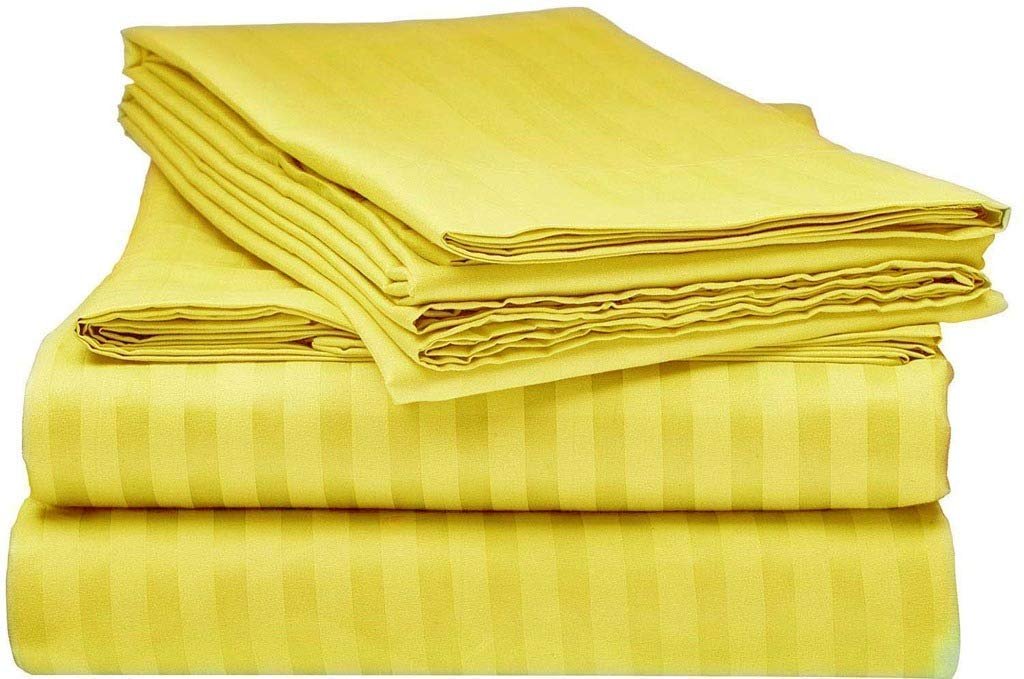 LaxLinen 100% Egyptian Cotton 4 PCs Bed Sheet Set (+24 Inch) Extra Deep Pocket Super/Olympic Queen, Yellow Stripe 600 Thread Count
