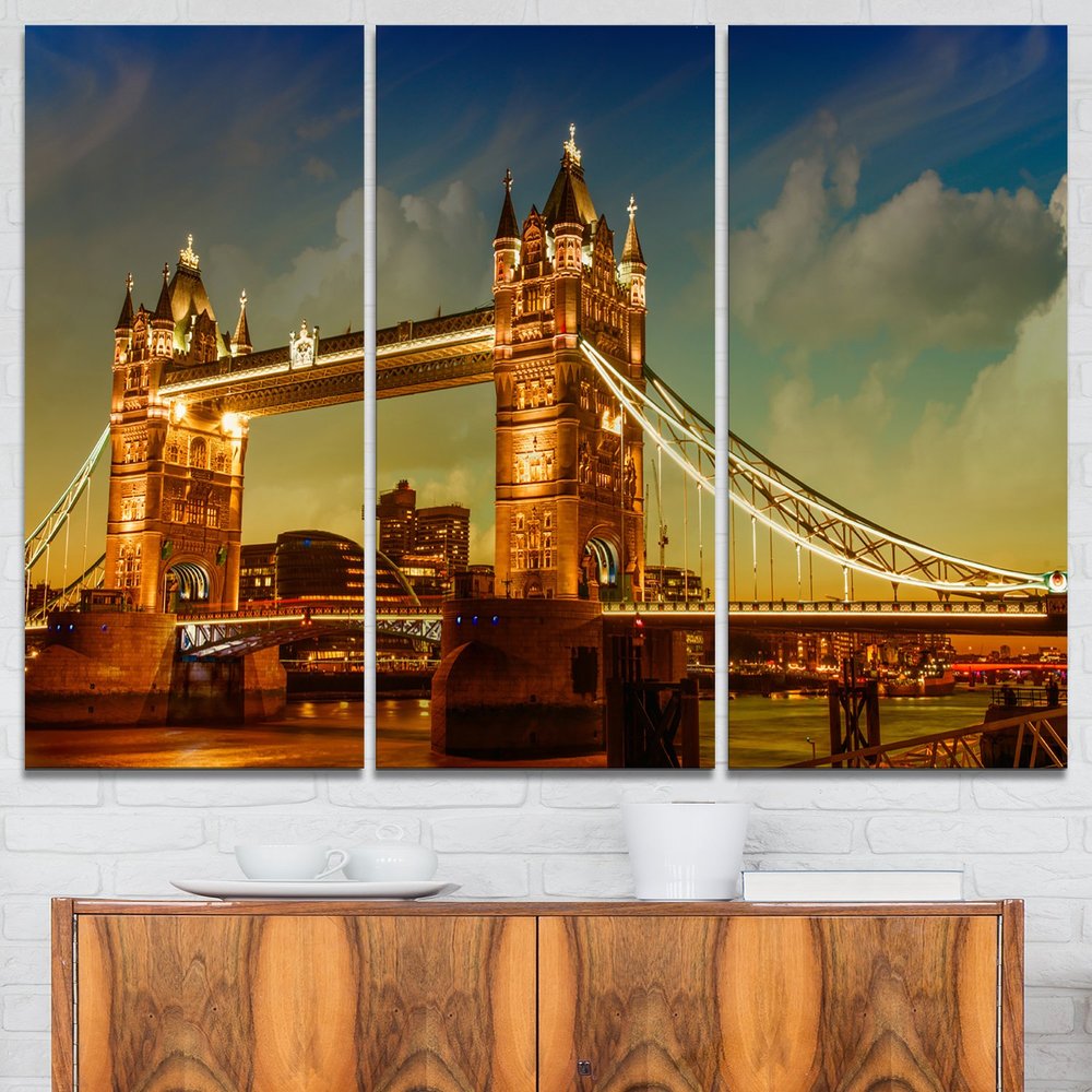 Design Art Majesty of Tower Bridge Cityscape Photography Canvas Print, 36x28-3 Panels