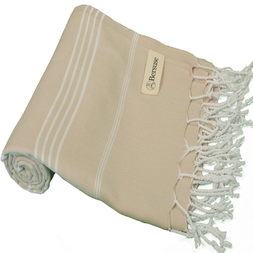 Bersuse Beach Towels Peshtemal Turkish Towels Anatolia Collection Premium Turkish Beach Towel, 100% Cotton, Large, Quick-Dry, Sand-Free, Lightweight - 37x70 Inches, Beige (Set of 6)