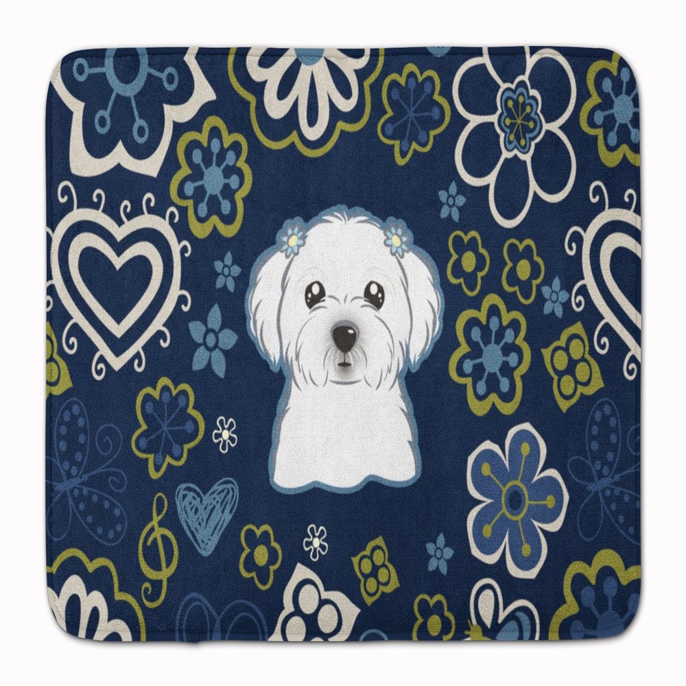 Caroline's Treasures BB5059RUG Blue Flowers Maltese Bath Mat Machine Washable Anti-Fatigue Memory Foam Kitchen Rug, 19 X 27, Multicolor