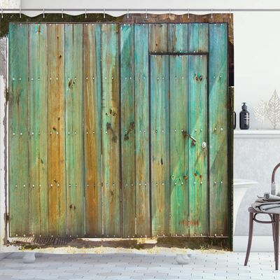 Ambesonne Vintage Shower Curtain, Rustic Old Wood Door Dated Tuscany House Entrance Antique Texture Photograph, Cloth Fabric Bathroom Decor Set with Hooks, 69" W x 75" L, Brown and Mint