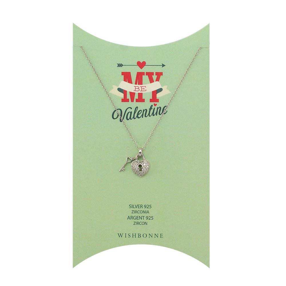 Wishbonne 925 "Happy Valentine's day" Necklace with Lock & Key Pendant Valentine's Day Gift Set, 16"-18", Sterling Silver