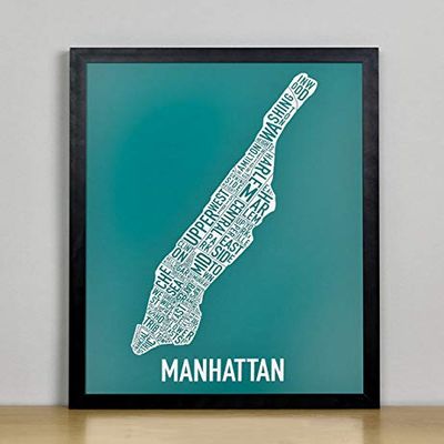Framed Manhattan Neighborhoods Map Art Screen Print, Teal & White, 11" x 14" in Black Frame