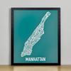 Framed Manhattan Neighborhoods Map Art Screen Print, Teal & White, 11" x 14" in Black Frame view 1