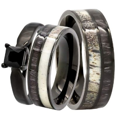 3 pc His & Hers Natural 1.25 ct Genuine Spinel Deer Antler Black Koa Wood Surgical Black Stainless Steel Engagement Wedding Rings set (Size Men 13; Women 06)
