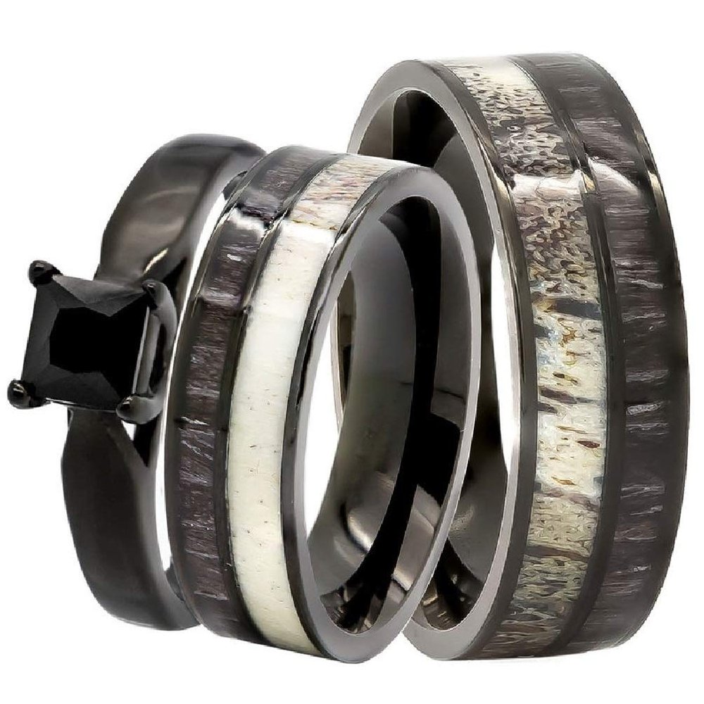 3 pc His & Hers Natural 1.25 ct Genuine Spinel Deer Antler Black Koa Wood Surgical Black Stainless Steel Engagement Wedding Rings set (Size Men 13; Women 06)