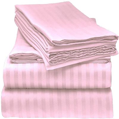 LaxLinen 100% Egyptian Cotton 4 PCs Bed Sheet Set (+24 Inch) Extra Deep Pocket Super/Olympic Queen, Pink Stripe 600 Thread Count