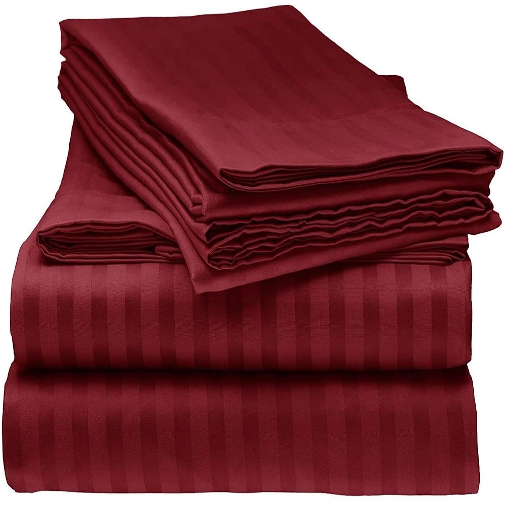 LaxLinen 100% Egyptian Cotton 4 PCs Bed Sheet Set (+24 Inch) Extra Deep Pocket California/King-Cal King, Burgundy Stripe 600 Thread Count