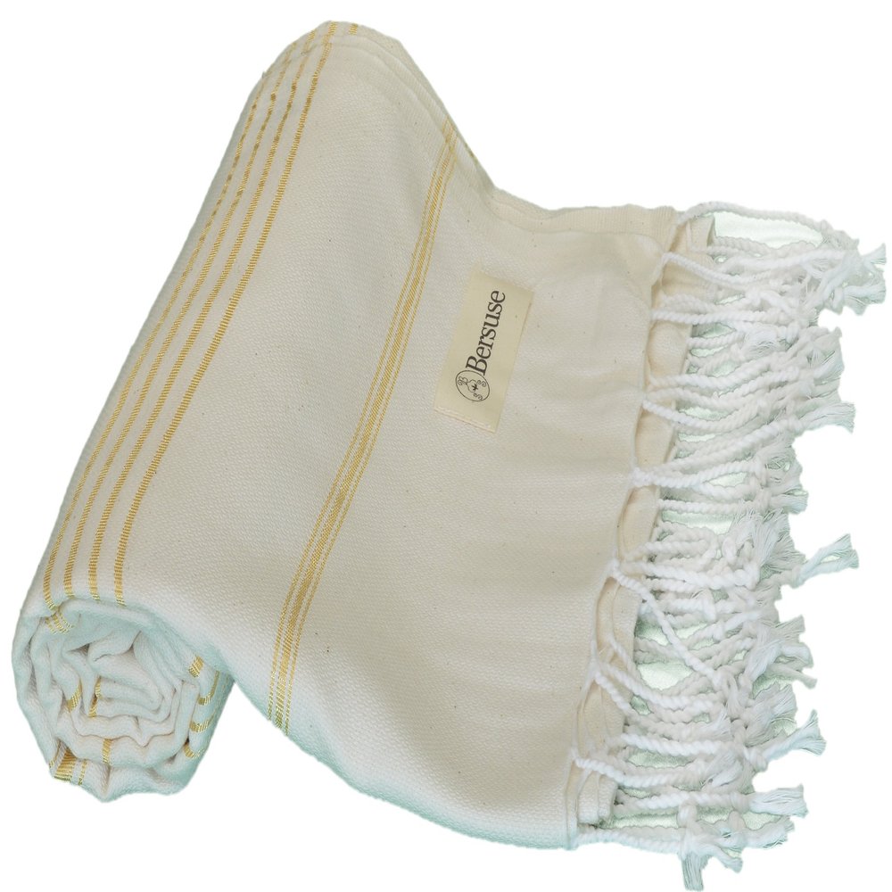 Bersuse Beach Towels Peshtemal Turkish Towels Anatolia Collection Premium Turkish Beach Towel, 100% Cotton, Large, Quick-Dry, Sand-Free, Lightweight - 37x70 Inches, Natural Gold (Set of 6)