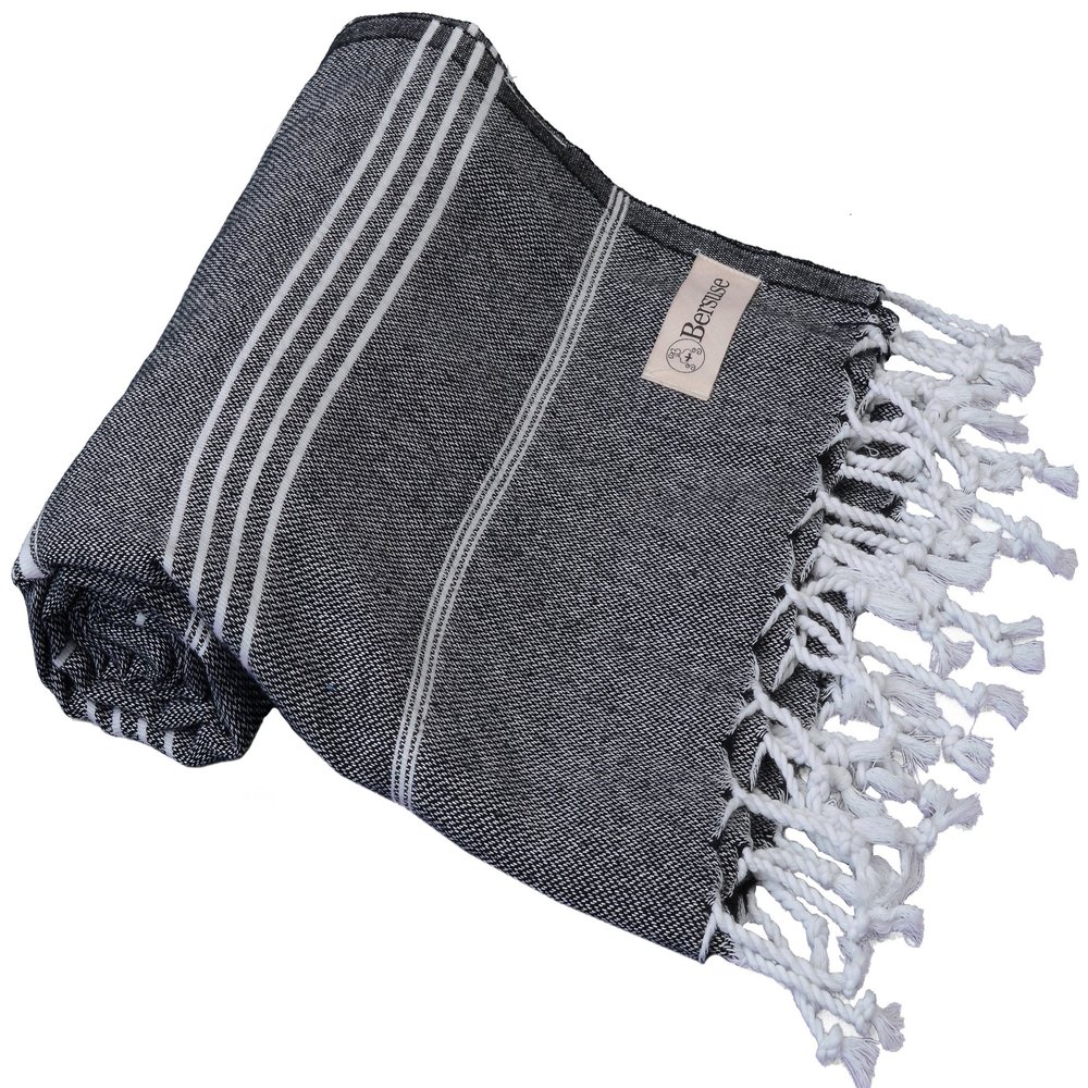 Bersuse Beach Towels Peshtemal Turkish Towels Anatolia Collection Premium Turkish Beach Towel, 100% Cotton, Large, Quick-Dry, Sand-Free, Lightweight - 37x70 Inches, Black (Set of 6)