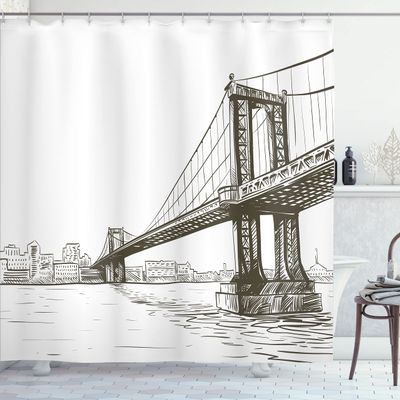 Ambesonne New York Shower Curtain, Digital Drawn Brooklyn Bridge Unusual Graffiti Style Old Urban Cityscape Print, Cloth Fabric Bathroom Decor Set with Hooks, 69" W x 75" L, Brown White