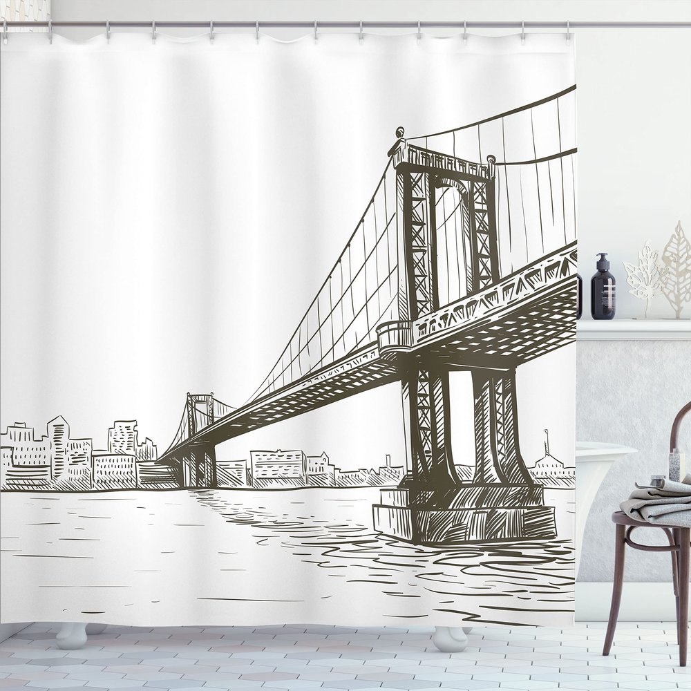 Ambesonne New York Shower Curtain, Digital Drawn Brooklyn Bridge Unusual Graffiti Style Old Urban Cityscape Print, Cloth Fabric Bathroom Decor Set with Hooks, 69" W x 75" L, Brown White