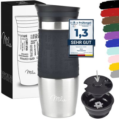 Milu Thermo Mug Insulated Cup Coffee & Tea Mug to go - 370ml, 450ml 100% leak proof - Stainless Steel Drinking Mug - vacuum insulation flask - Hot & Cold - Travel Mug (Black, 12oz (370ml))