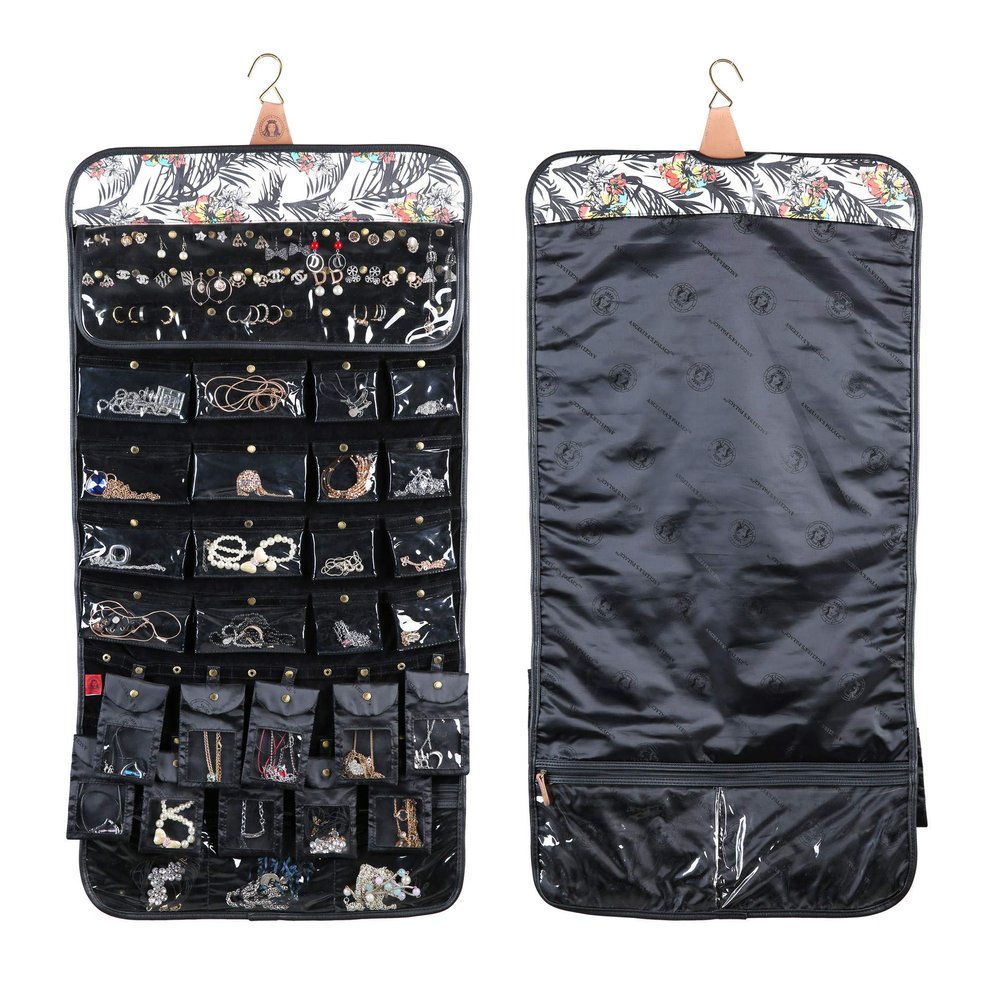 Angelina's Palace EZE Jewelry Hanger Organizer Hook Hanging Closet Jewelry Storage Roll Detachable 24 Earrings Ring Bars Protection 24 Bracelet Pouches Watches Pocket with Travel Bag(Lost in Paradise)