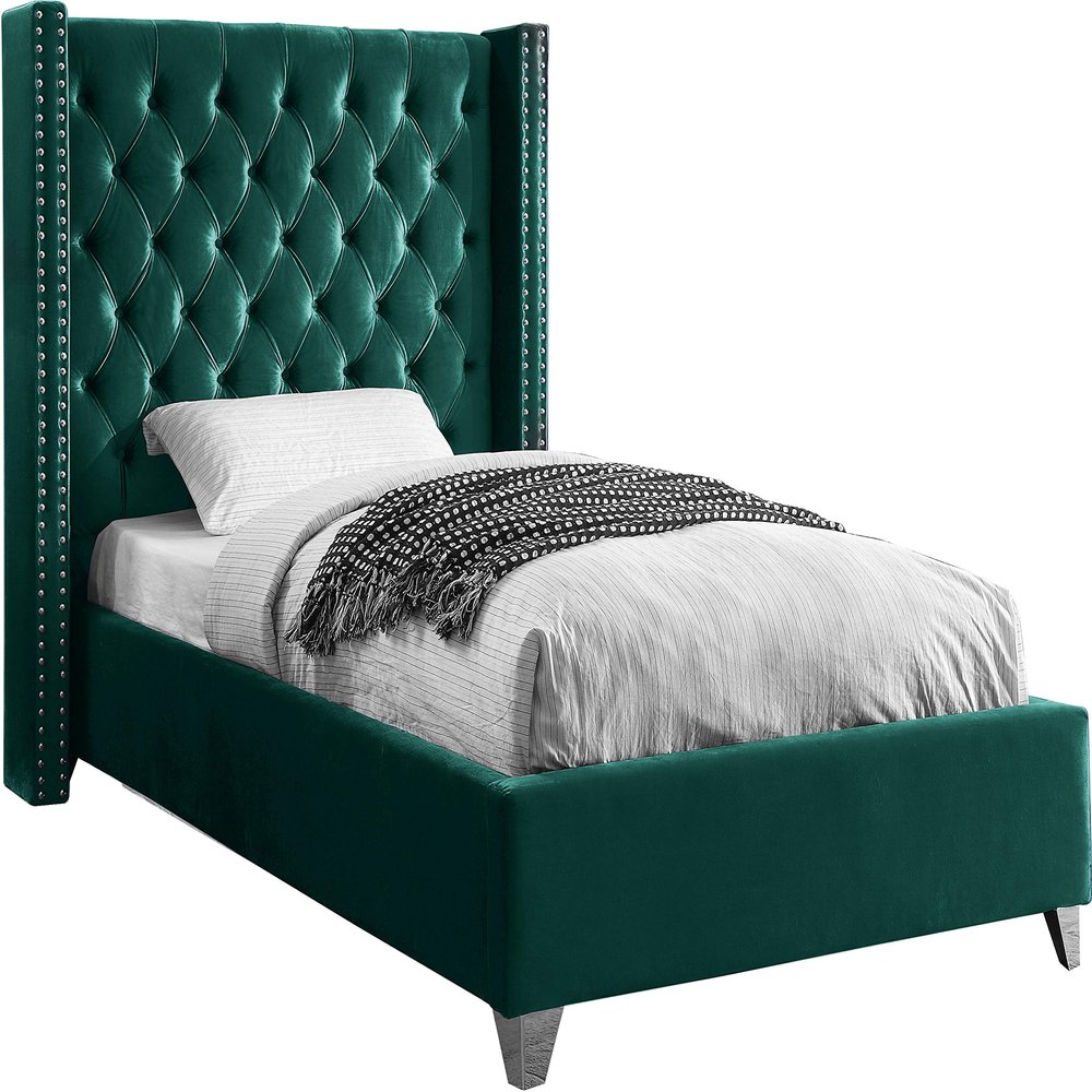 Meridian Furniture Aiden Collection Modern | Contemporary Velvet Upholstered Bed with Deep Button Tufting, Solid Wood Frame, and Custom Chrome Legs, Twin, Green