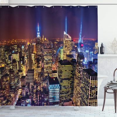 Ambesonne New York Shower Curtain, Aerial Cityscape Landmark Fourth of July Independence Penthouse Modern Image, Cloth Fabric Bathroom Decor Set with Hooks, 69" W x 70" L, Purple Yellow