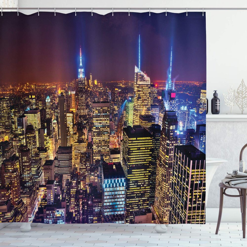 Ambesonne New York Shower Curtain, Aerial Cityscape Landmark Fourth of July Independence Penthouse Modern Image, Cloth Fabric Bathroom Decor Set with Hooks, 69" W x 70" L, Purple Yellow