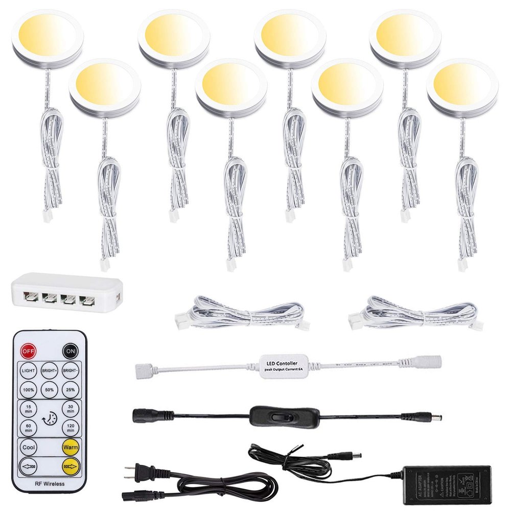 AIBOO LED Under Cabinet Puck Lights CCT Light Color Temperature Adjustable Warm+White Double Color with Dimmable RF Remote Controller for Kitchen Shelf Ambiance Display Lighting (8 Lights, 24W)