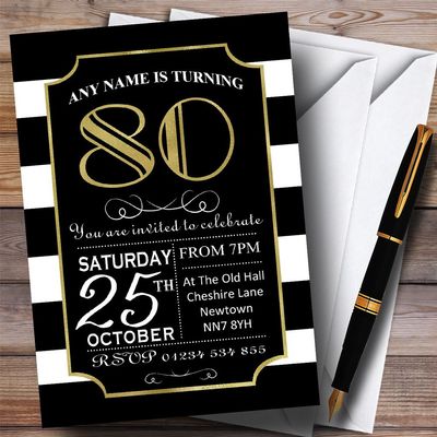 Black & White Stripy Gold 80th Personalized Birthday Party Invitations