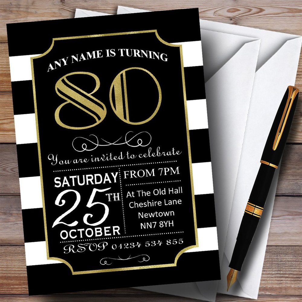 Black & White Stripy Gold 80th Personalized Birthday Party Invitations