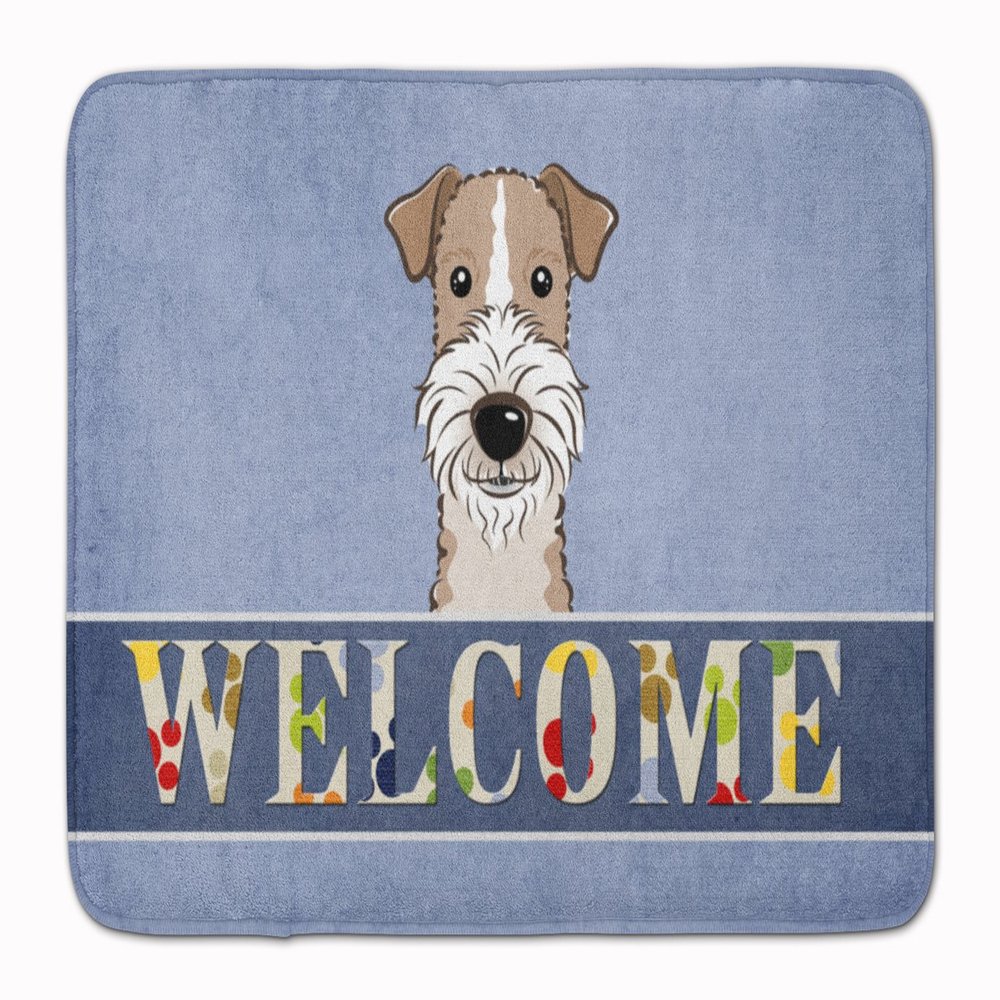 Caroline's Treasures BB1433RUG Wire Haired Fox Terrier Welcome Machine Washable Memory Foam Mat, Blue, Bathroom Rug, Non-Slip Bath Mat, Durable Thick Washable Rugs for Kitchen, Bathroom Quick Dry, Dec