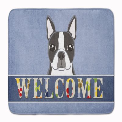 Caroline's Treasures BB1389RUG Boston Terrier Welcome Machine Washable Memory Foam Mat, Blue, Bathroom Rug, Non-Slip Bath Mat, Durable Thick Washable Rugs for Kitchen, Bathroom Quick Dry, Decorative A