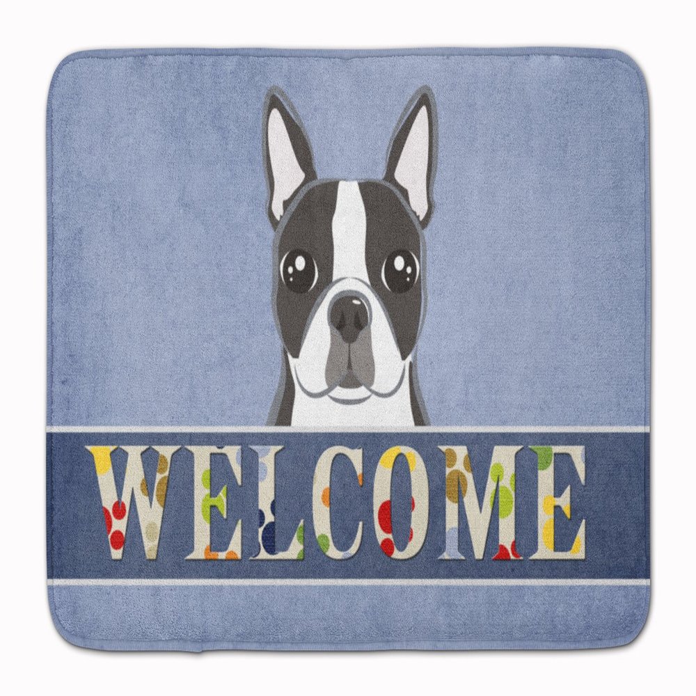 Caroline's Treasures BB1389RUG Boston Terrier Welcome Machine Washable Memory Foam Mat, Blue, Bathroom Rug, Non-Slip Bath Mat, Durable Thick Washable Rugs for Kitchen, Bathroom Quick Dry, Decorative A