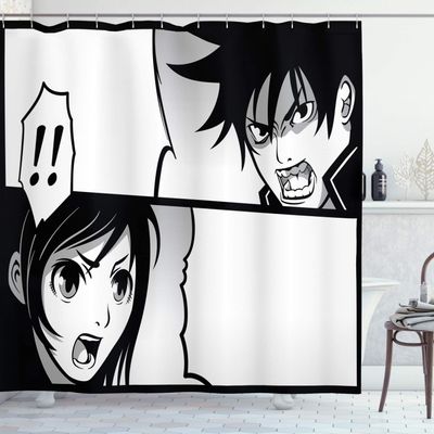 Ambesonne Anime Shower Curtain, Japanese Comics Strip Boy and Girl Fight Scene Manga Image Cartoon Print, Cloth Fabric Bathroom Decor Set with Hooks, 69" W x 75" L, Black White Grey