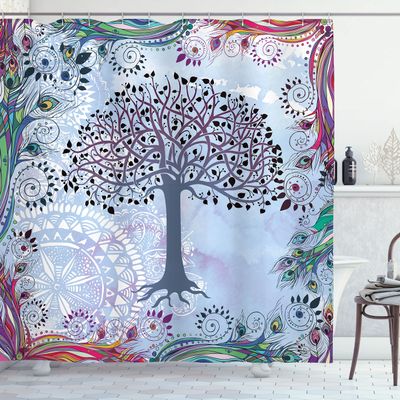 Ambesonne Nature Shower Curtain, Tree of Life Motif with Peacock Feathers Tribal Vintage Primitive Nature Illustration, Cloth Fabric Bathroom Decor Set with Hooks, 69" W x 75" L, Bluegrey