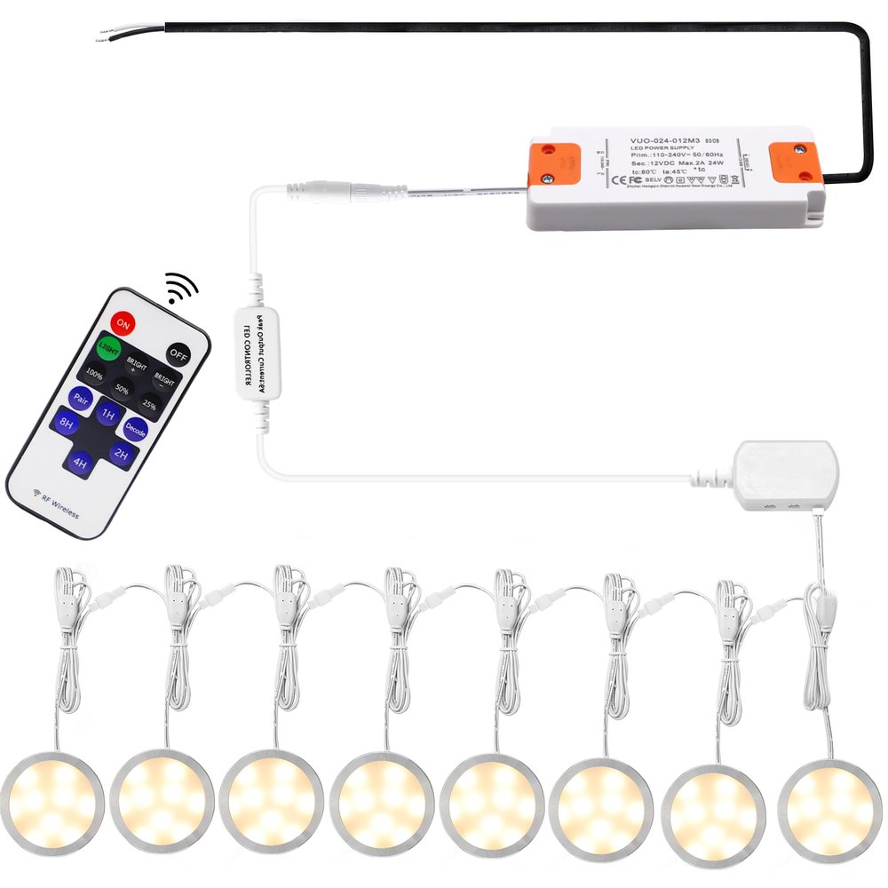 AIBOO Linkable Under Cabinet LED Lighting 12V Dimmable Puck Lights Hardwired with Wireless RF Remote Control for Kitchen Mood Lighting(8 Lights, Warm White, NO Wall Plug)