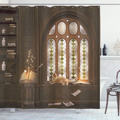 Ambesonne Gothic Shower Curtain, Room for Study in The Medieval Library Cat Sleeping on Window Antique Mansion Print, Cloth Fabric Bathroom Decor Set with Hooks, 69" W x 70" L, Taupe
