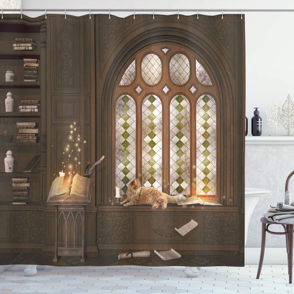 Ambesonne Gothic Shower Curtain, Room for Study in The Medieval Library Cat Sleeping on Window Antique Mansion Print, Cloth Fabric Bathroom Decor Set with Hooks, 69" W x 70" L, Taupe