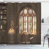 Ambesonne Gothic Shower Curtain, Room for Study in The Medieval Library Cat Sleeping on Window Antique Mansion Print, Cloth Fabric Bathroom Decor Set with Hooks, 69" W x 70" L, Taupe view 1