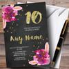Chalk Gold Confetti Pink Flowers 10th Personalized Birthday Party Invitations view 1