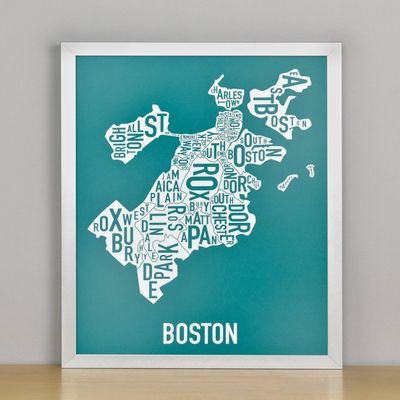 Framed Boston Neighborhoods Map Art Screen Print, Teal & White, 11" x 14" in Silver Frame