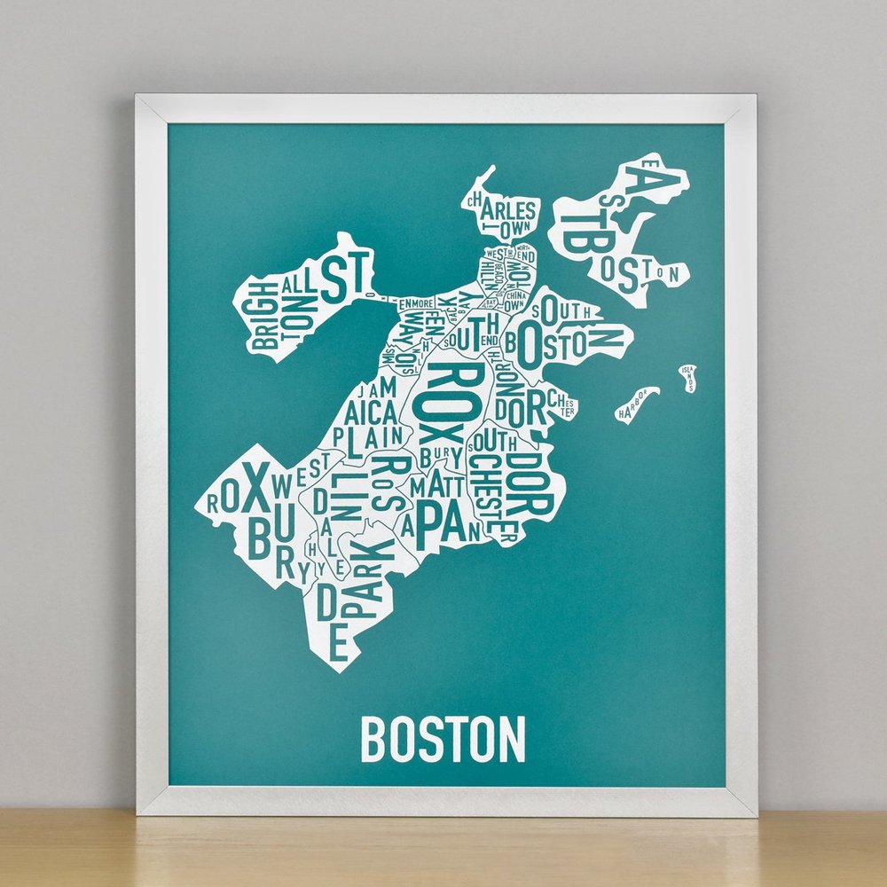 Framed Boston Neighborhoods Map Art Screen Print, Teal & White, 11" x 14" in Silver Frame