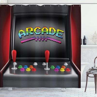 Ambesonne Video Games Shower Curtain, Arcade Machine Retro Gaming Fun Joystick Buttons Vintage 80's 90's Electronic, Cloth Fabric Bathroom Decor Set with Hooks, 69" W x 70" L, Ruby Charcoal Grey