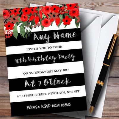Red Floral Black White Silver 40th Personalized Birthday Party Invitations