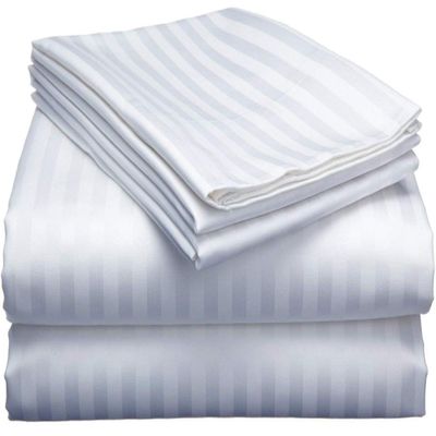 LaxLinen 100% Egyptian Cotton 4 PCs Bed Sheet Set (+24 Inch) Extra Deep Pocket Full Extra Long, White Stripe 600 Thread Count