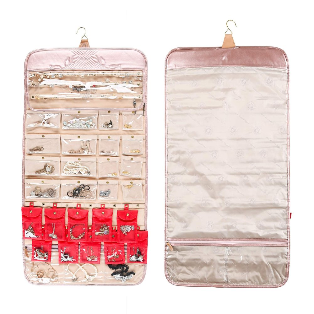Angelina's Palace EZE Jewelry Hanger Organizer Hook Hanging Closet Jewelry Storage Roll Detachable 24 Earring Ring Bars Protection 24 Bracelet Pouches Watches Pocket with Travel Bag(Memory Purple)