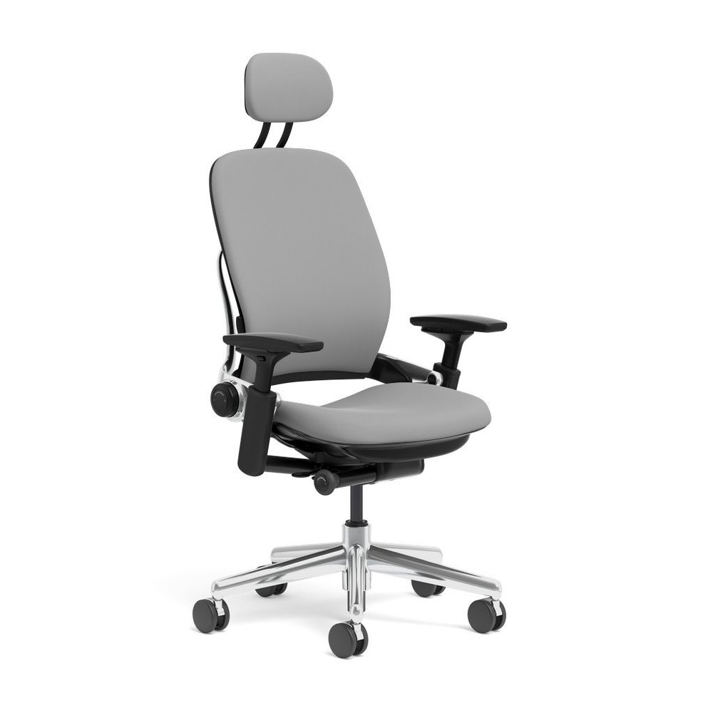 Steelcase Leap Task Chair: Polished Aluminum Base - 4D Adjustable Arms - Headrest - Standard Carpet Casters