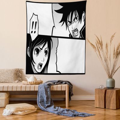 Ambesonne Anime Tapestry, Japanese Comics Strip Boy and Girl Fight Scene Manga Image Cartoon Print, Wall Hanging for Bedroom Living Room Dorm Decor, 40" X 60", Black White Grey