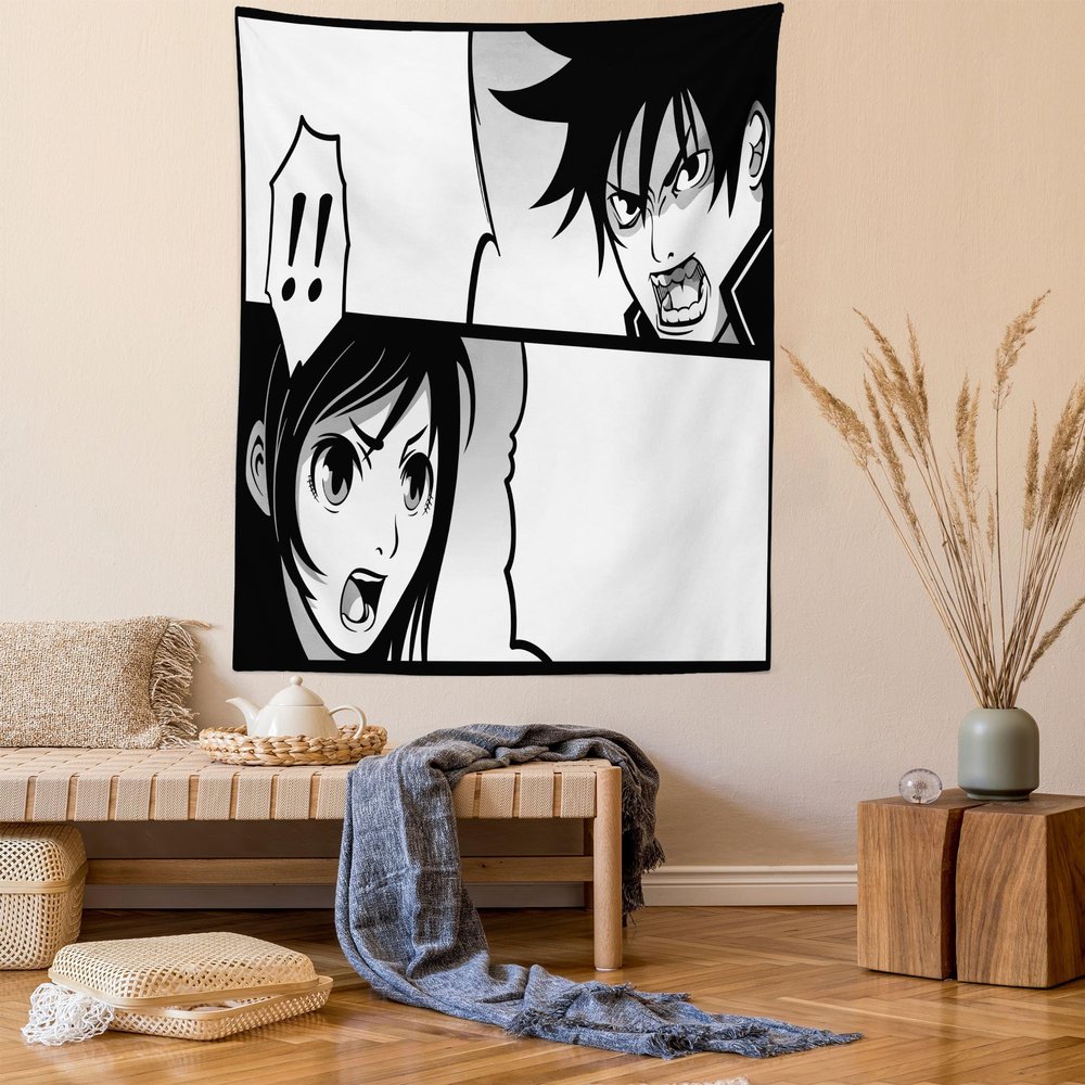 Ambesonne Anime Tapestry, Japanese Comics Strip Boy and Girl Fight Scene Manga Image Cartoon Print, Wall Hanging for Bedroom Living Room Dorm Decor, 40" X 60", Black White Grey