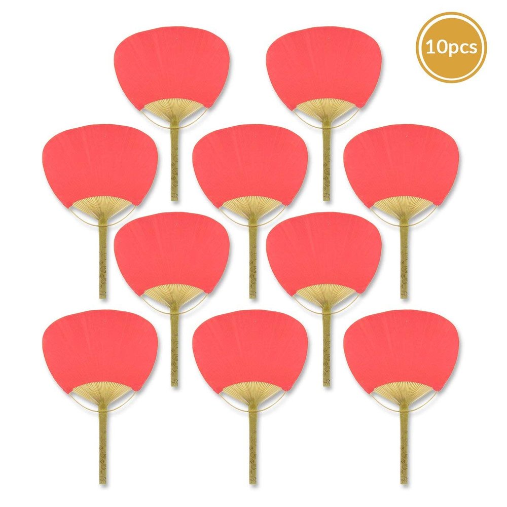 Quasimoon PaperLanternStore.com 9 Inch Red Chinese Paddle Hand Fan for Weddings (10 Packs)