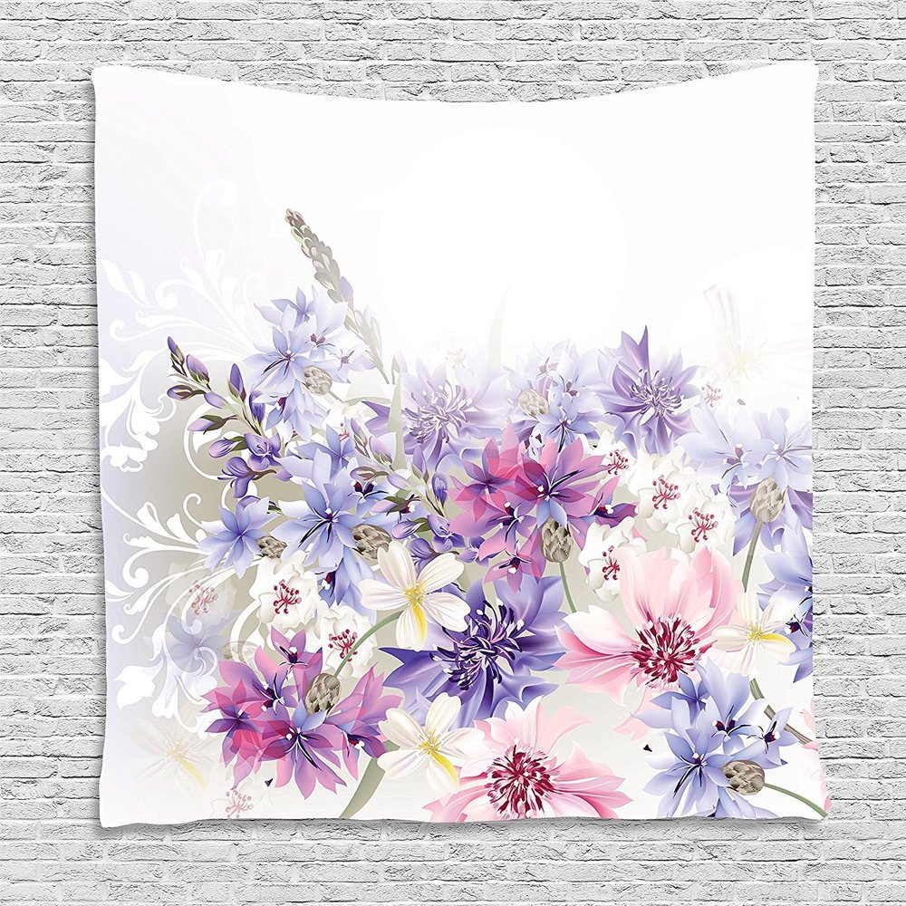 Ambesonne Lavender Tapestry, Pastel Cornflowers Bridal Classic Design Gentle Floral Print Wedding Design, Wall Hanging for Bedroom Living Room Dorm Decor, 60" X 80", Violet Pink