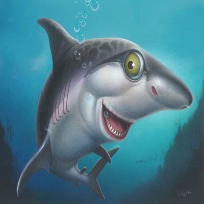14.5"x20" Sharky The Friendly Shark Cartoon Art - Tropical Beach Decor Poster - Underwater Sea Scene Giclee Matte Print - by Walt Curlee