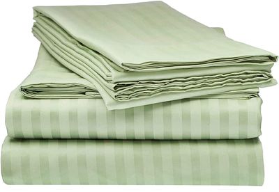 LaxLinen 100% Egyptian Cotton 4 PCs Bed Sheet Set (+24 Inch) Extra Deep Pocket Full Bed/Double Bed Size, Sage Stripe 600 Thread Count