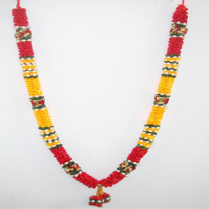Crafts of India Red and Yellow Satin Ribbon Artificial Floral Garland Decorated with Motifs and Decorative Embellishments