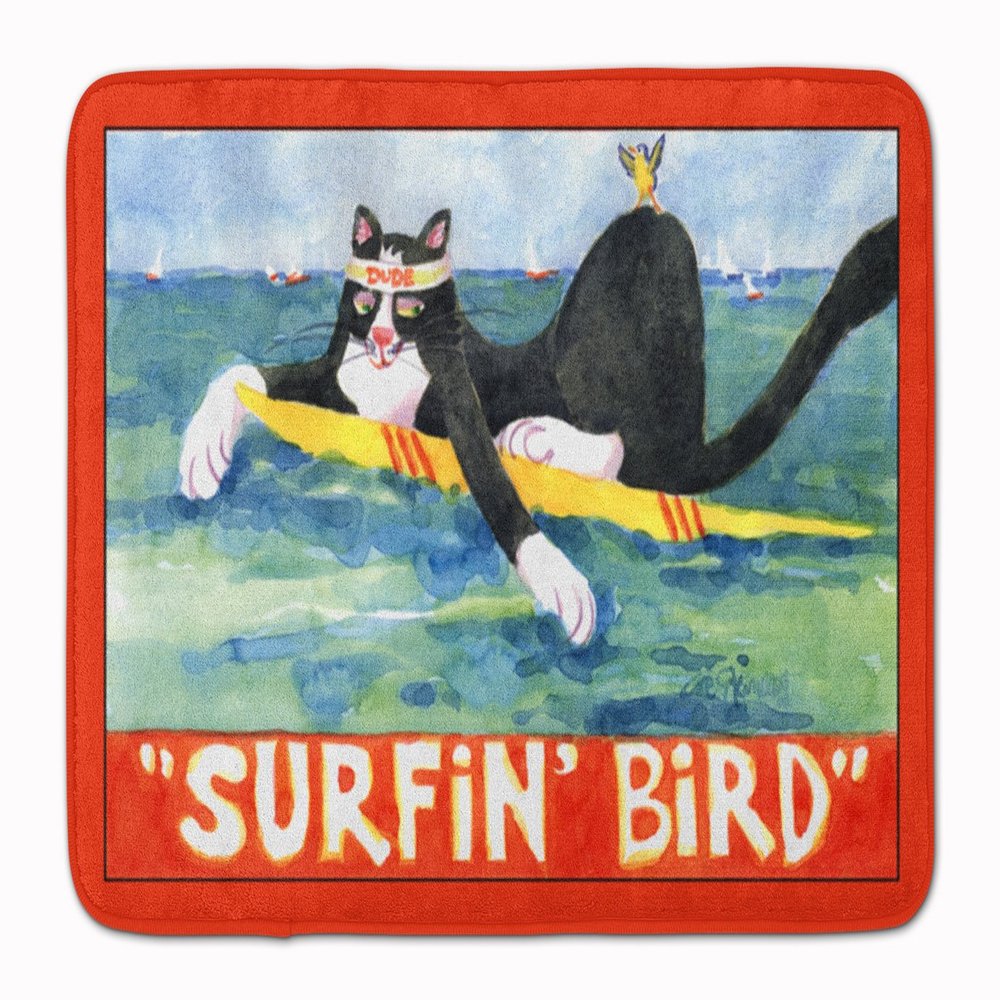 Caroline's Treasures 6051RUG Black and White Cat Surfin Bird Machine Washable Memory Foam Mat, Bathroom Rug, Non-Slip Bath Mat, Durable Thick Washable Rugs for Kitchen, Bathroom Quick Dry, Decorative