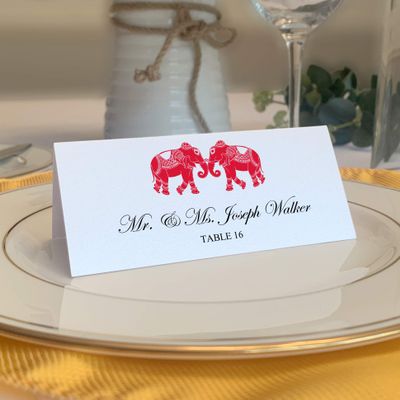 Indian Elephants Printable Place Cards, Ruby Red (Choose Color), Set of 60 (10 Sheets), Laser & Inkjet Printers - Wedding, Party, Dinner, and Special Events - Made in the USA